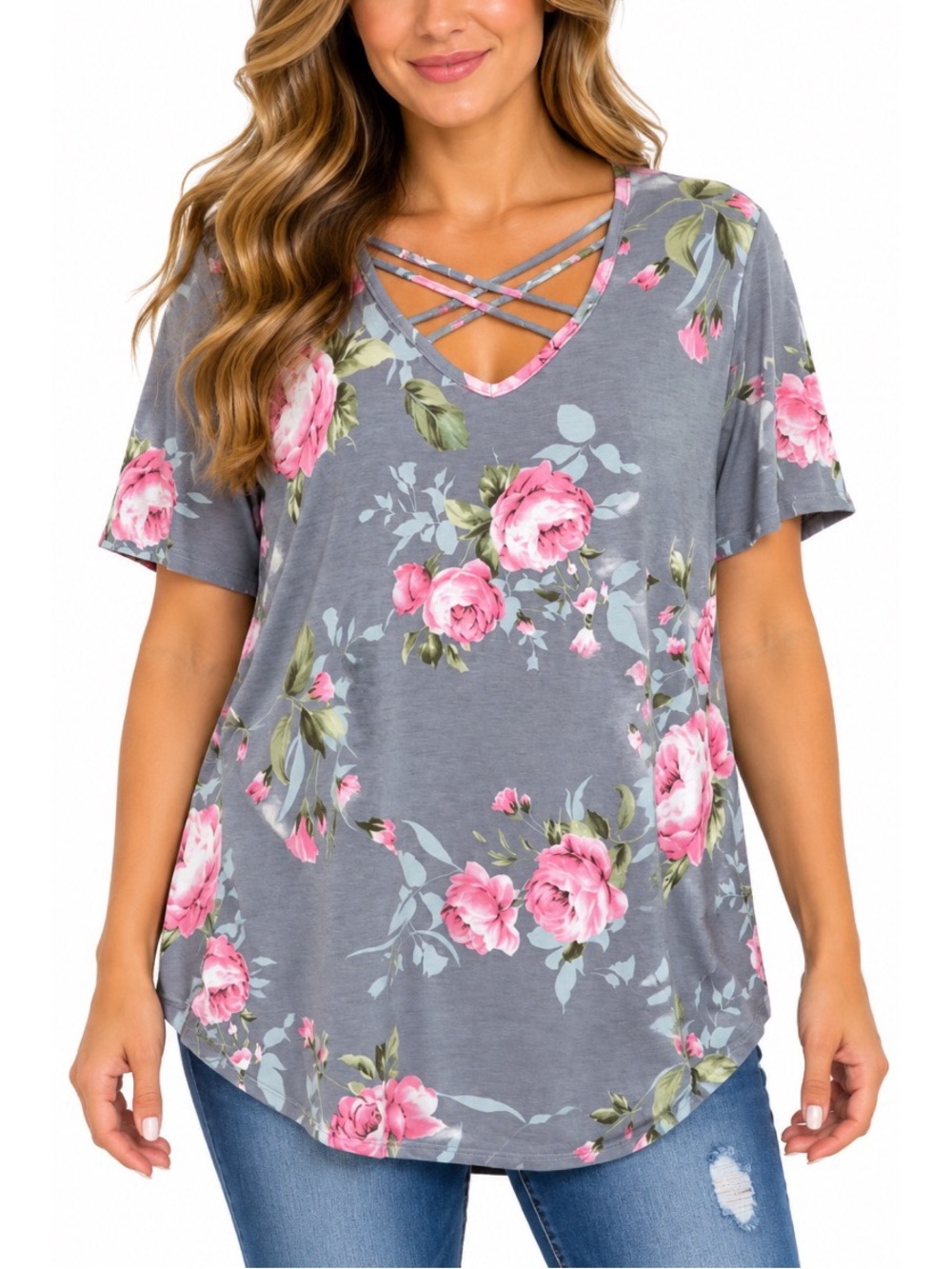 Heimish gray floral tunic top featuring allover pink rose and green leaf print
